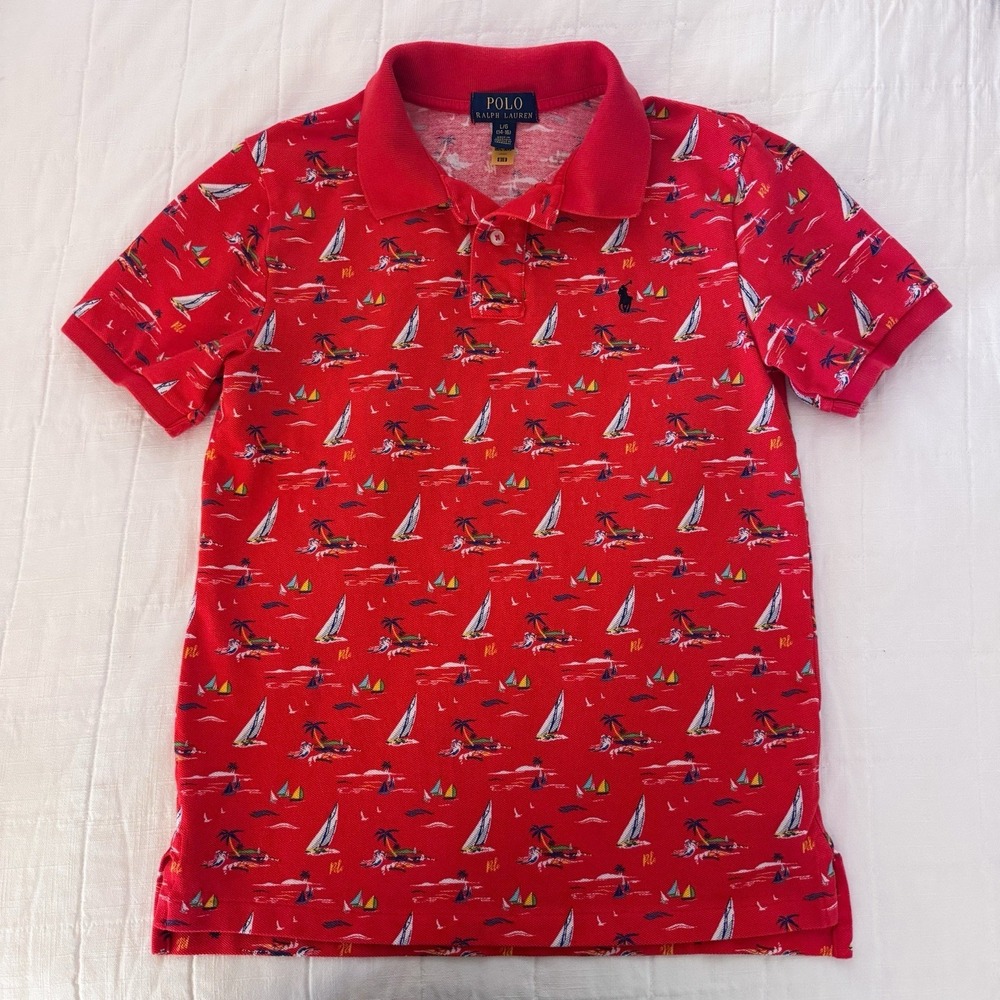 Ralph Lauren Polo Shirt Boys Youth Large 14-16 Red Sailboat Summer Preppy